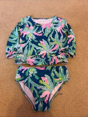 Lilly Pulitzer Girls Navy Rash Guard Bikini Set with Pink & Green Tropical Print